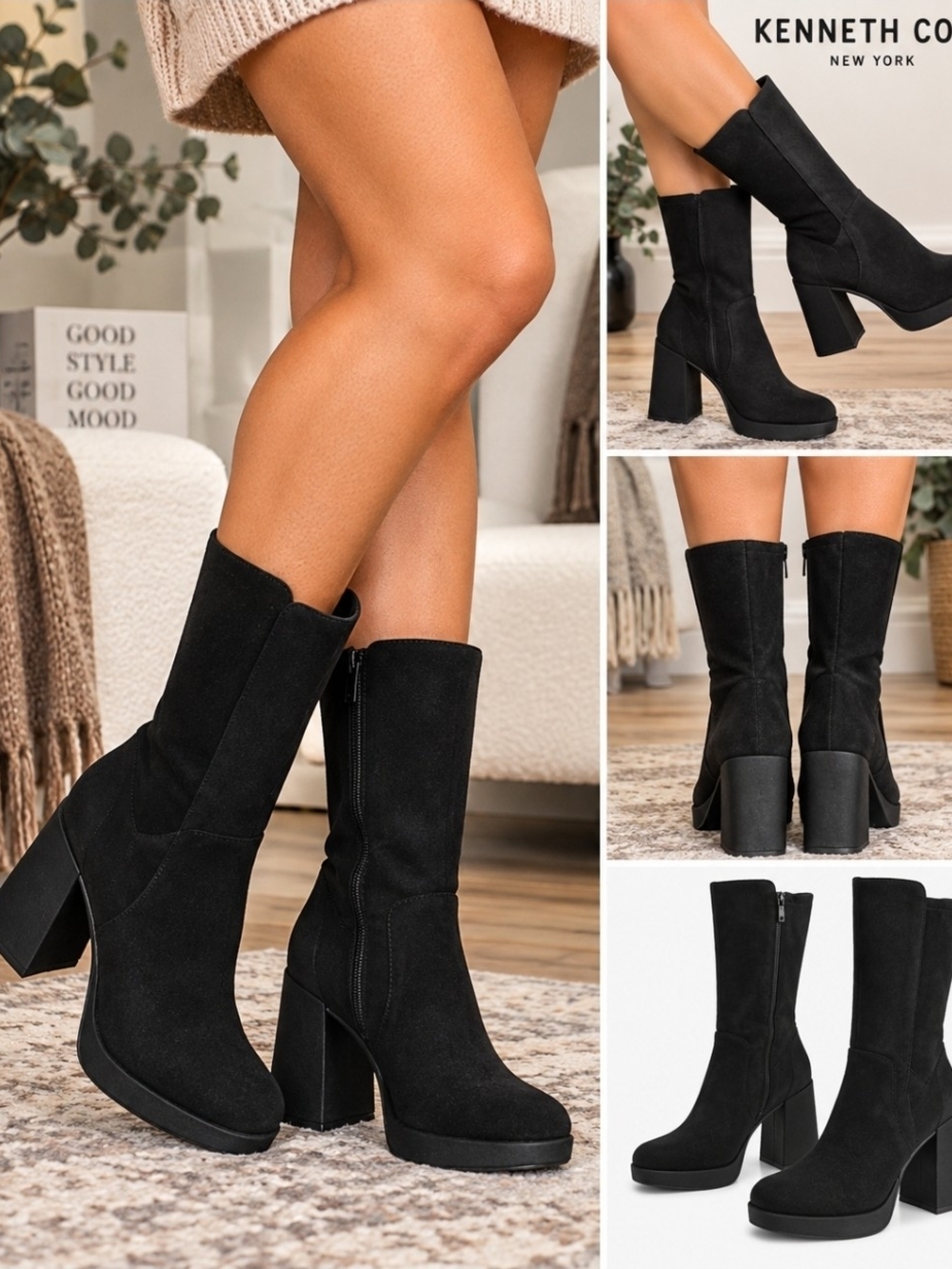 Kenneth Cole New York Black Platform Block Heel Boots 9 NIB